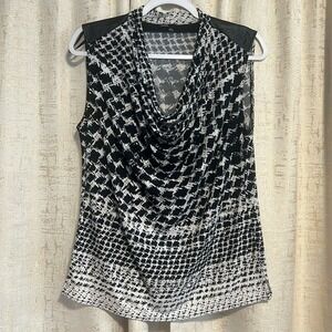 Chaus Sleeveless Blouse Women S Black White Good Cowl Neck Faux Leather Trim